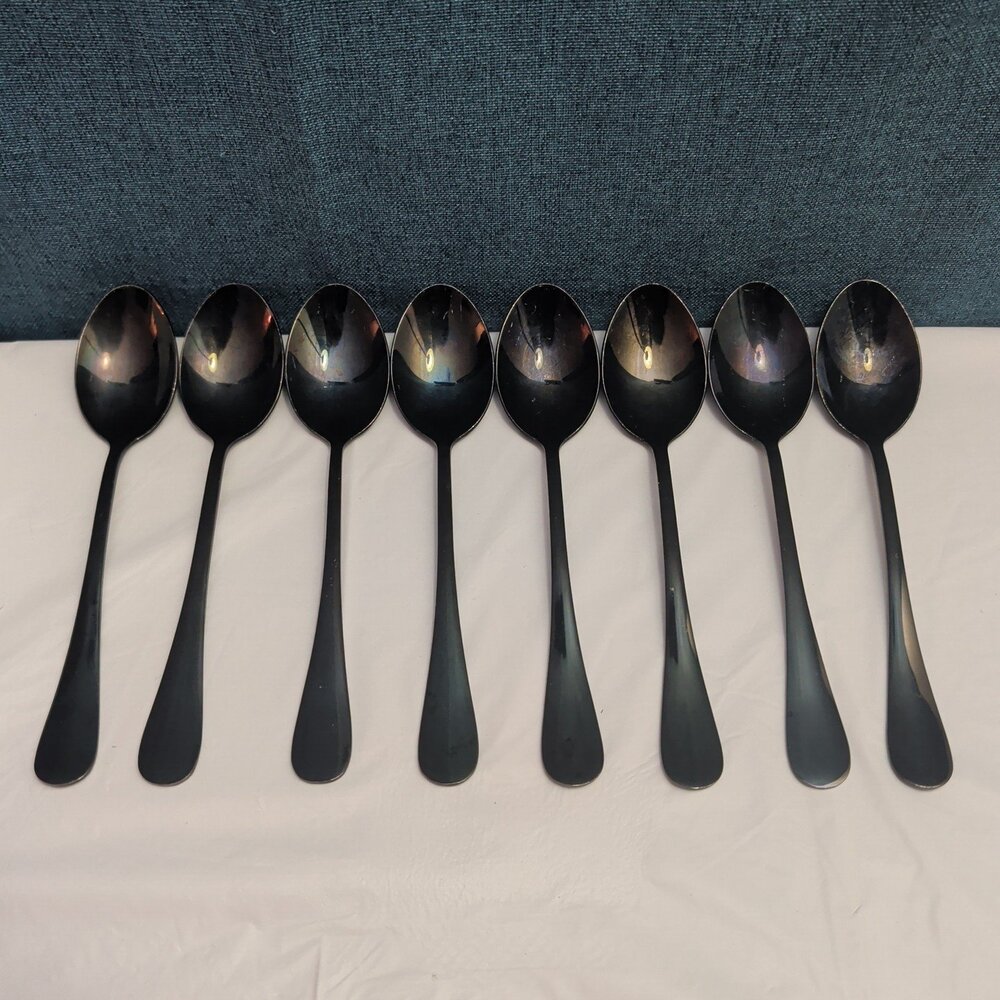 Set of 8 Black Stainless Steel Spoons 18/0 Modern Onyx Flatware Table Spoons Set
